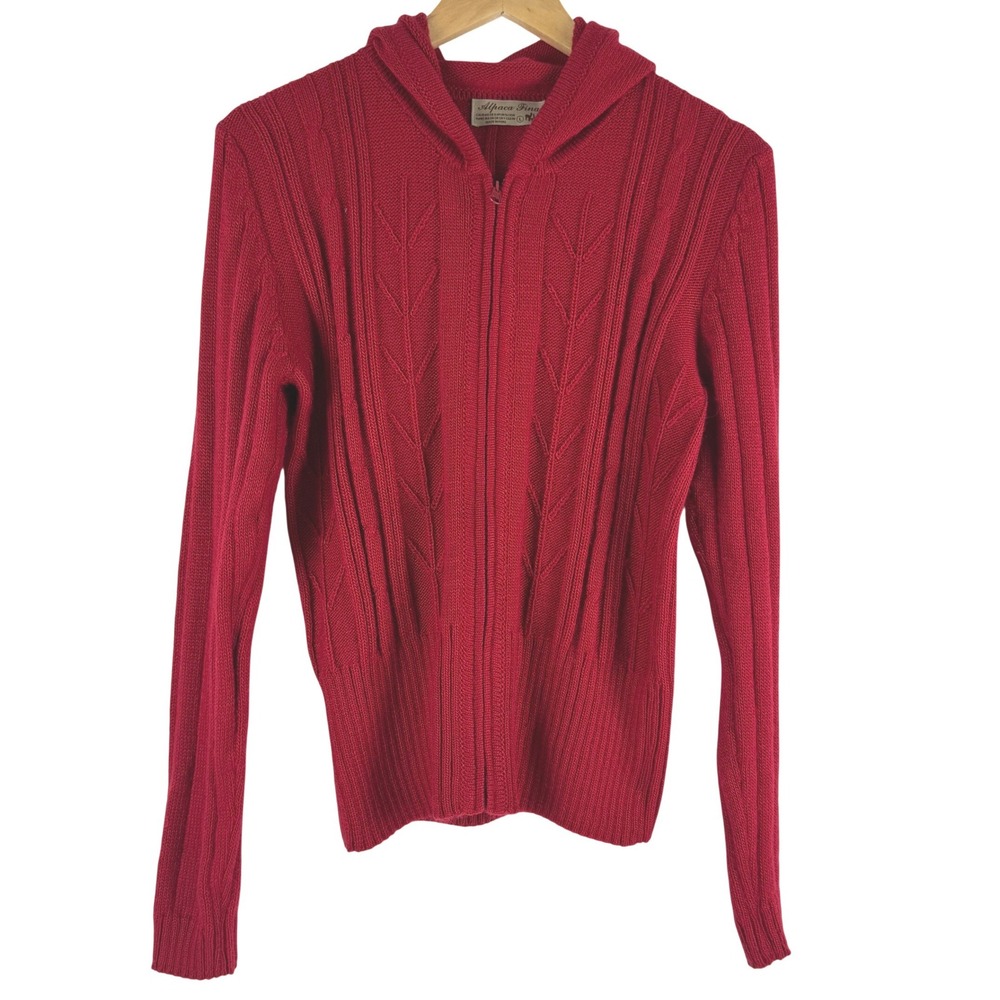 Alpaca Fina Red Cable Knit Zip Up Hoodie Sweater Made in Peru L Women's